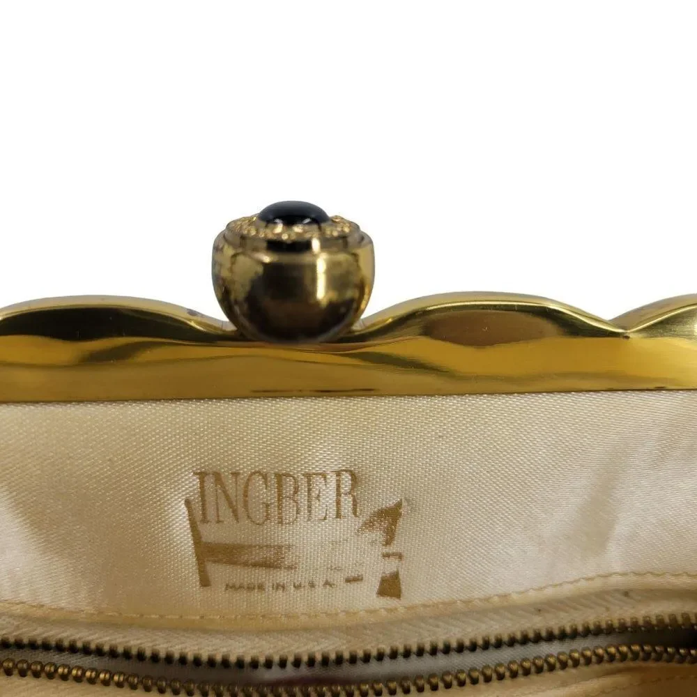 Vintage 60s Formal Evening Bag Black Gold Scalloped Trim Push Lock Clasp USA‎